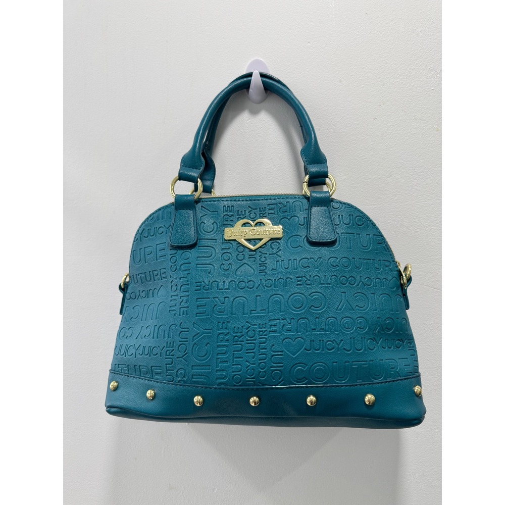 Juicy Couture Satchel Bag Womens Medium Teal Embossed Logo Studded Dome Handbag